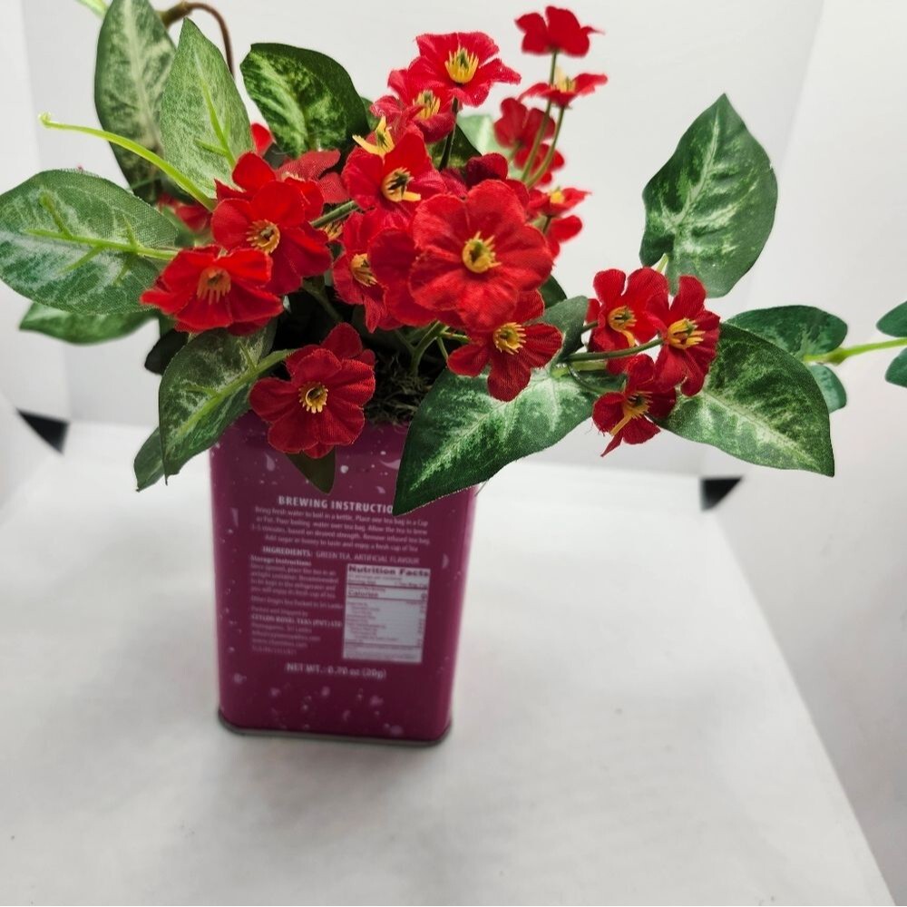Hand Crafted Floral Table Centerpiece Spring Red Flower Tea Tin